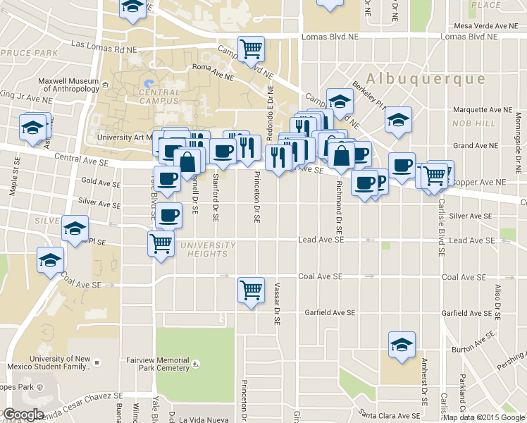 map of restaurants, bars, coffee shops, grocery stores, and more near 200 Princeton Drive Southeast in Albuquerque