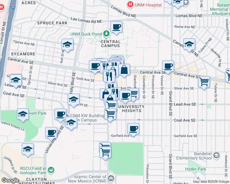 map of restaurants, bars, coffee shops, grocery stores, and more near 2210 Silver Avenue Southeast in Albuquerque