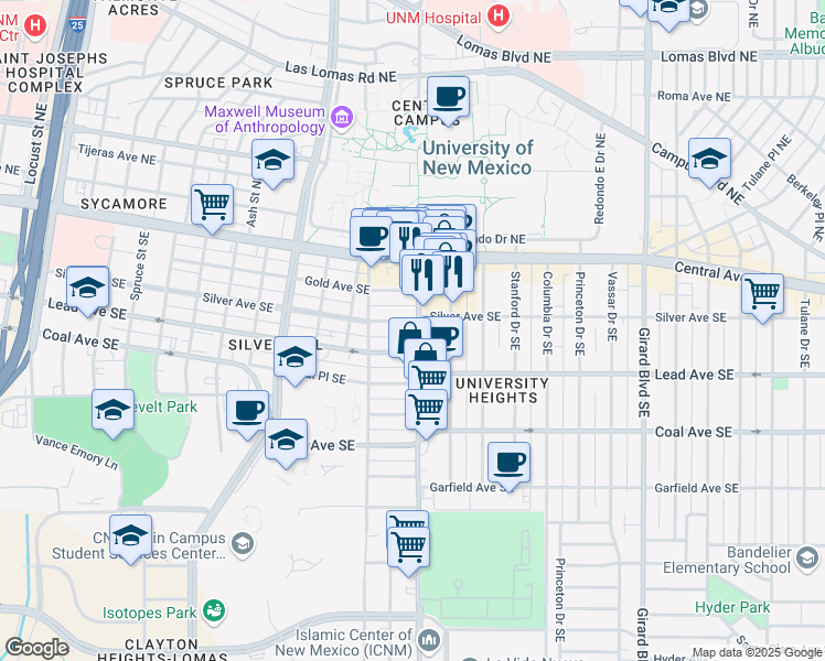 map of restaurants, bars, coffee shops, grocery stores, and more near 2123 Silver Avenue Southeast in Albuquerque