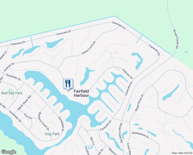 map of restaurants, bars, coffee shops, grocery stores, and more near 1223 Pelican Drive in New Bern