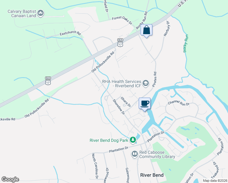map of restaurants, bars, coffee shops, grocery stores, and more near 11 Mulberry Lane in New Bern