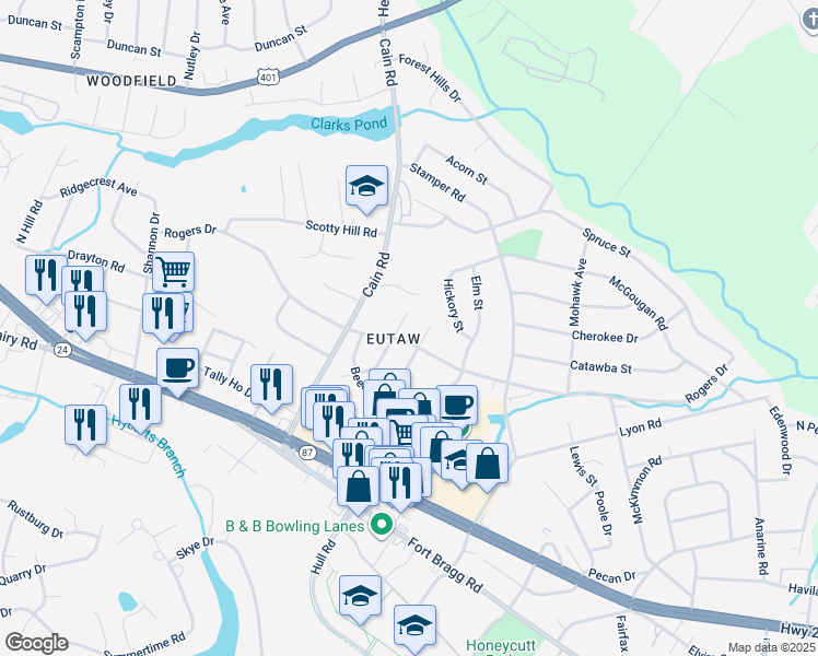 map of restaurants, bars, coffee shops, grocery stores, and more near in Fayetteville