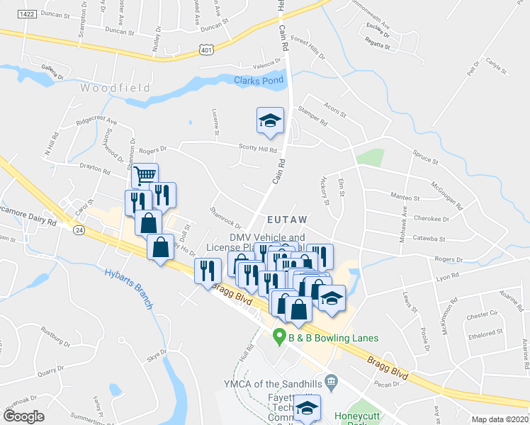 map of restaurants, bars, coffee shops, grocery stores, and more near 1002 Cain Road in Fayetteville