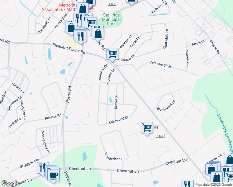 map of restaurants, bars, coffee shops, grocery stores, and more near 400 Drexel Drive in Matthews