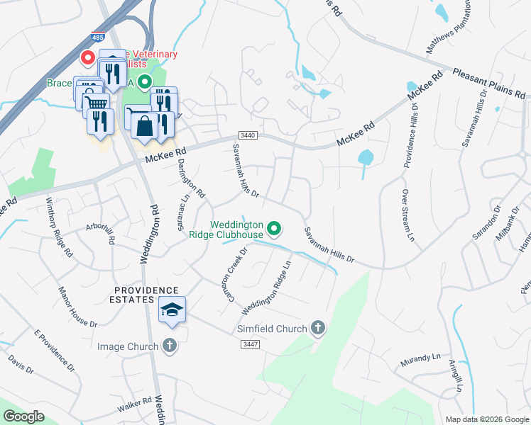 map of restaurants, bars, coffee shops, grocery stores, and more near 7310 Lamplighter Close Drive in Matthews