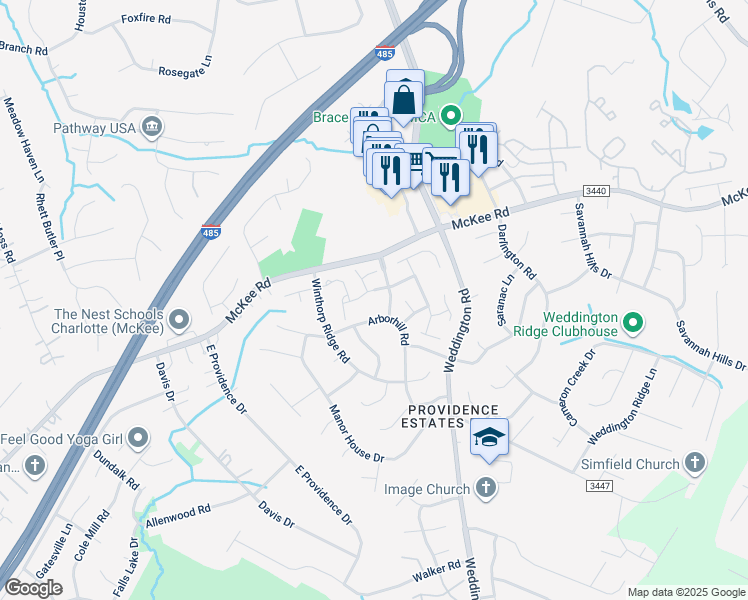 map of restaurants, bars, coffee shops, grocery stores, and more near 3232 Mannington Drive in Charlotte
