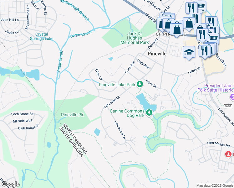 map of restaurants, bars, coffee shops, grocery stores, and more near 1009 Cone Avenue in Pineville