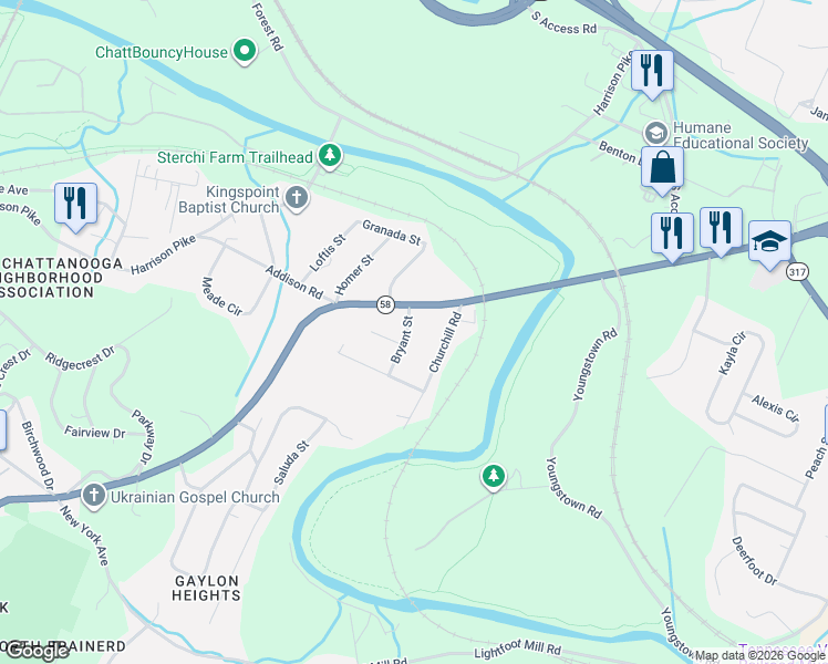 map of restaurants, bars, coffee shops, grocery stores, and more near 3970 Bryant Street in Chattanooga