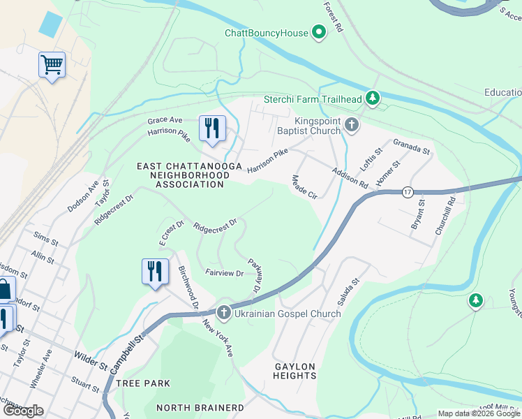 map of restaurants, bars, coffee shops, grocery stores, and more near 2815 Ridgecrest Drive in Chattanooga