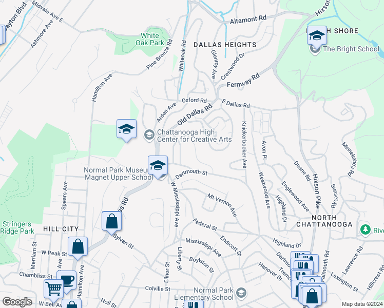 map of restaurants, bars, coffee shops, grocery stores, and more near 1355 Carrington Way in Chattanooga
