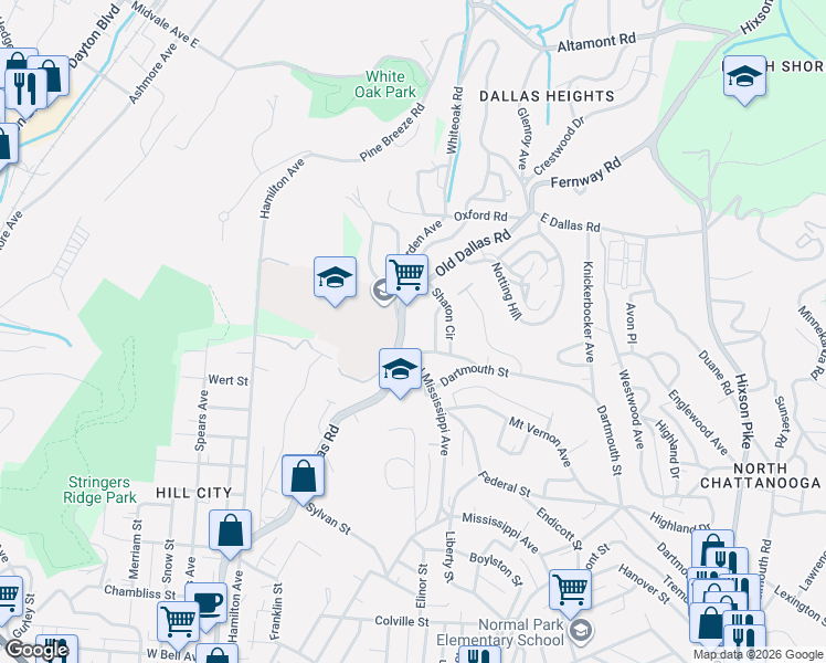 map of restaurants, bars, coffee shops, grocery stores, and more near 1316 Dallas Road in Chattanooga