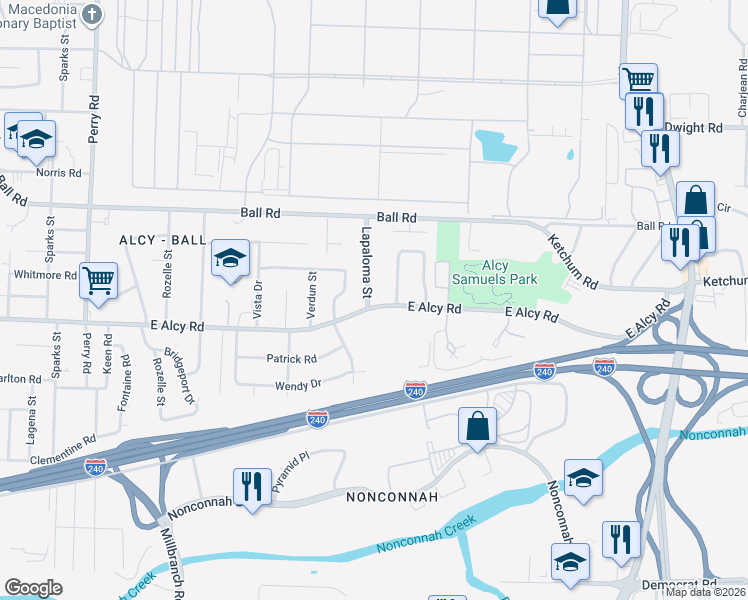 map of restaurants, bars, coffee shops, grocery stores, and more near 2424 Lapaloma Street in Memphis