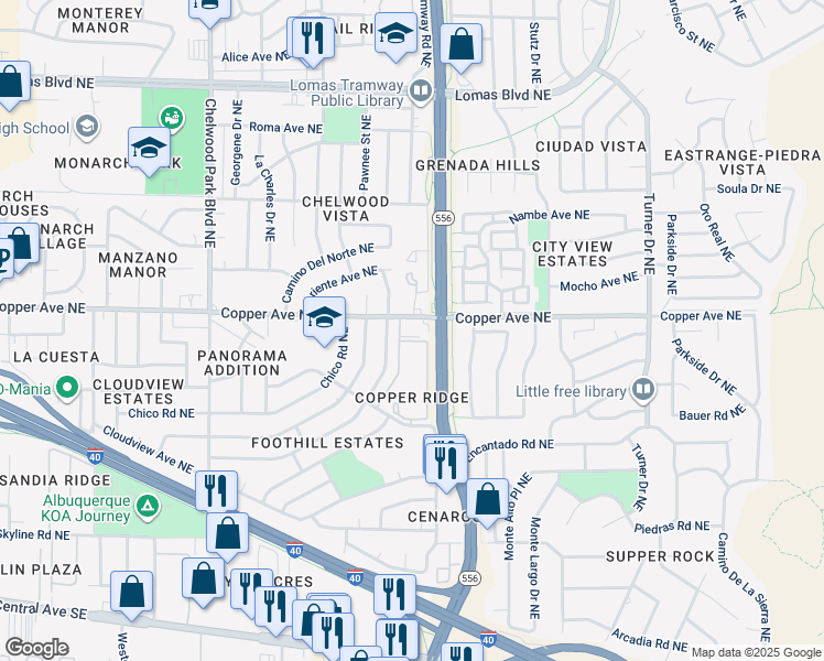 map of restaurants, bars, coffee shops, grocery stores, and more near 13424 Copper Avenue Northeast in Albuquerque