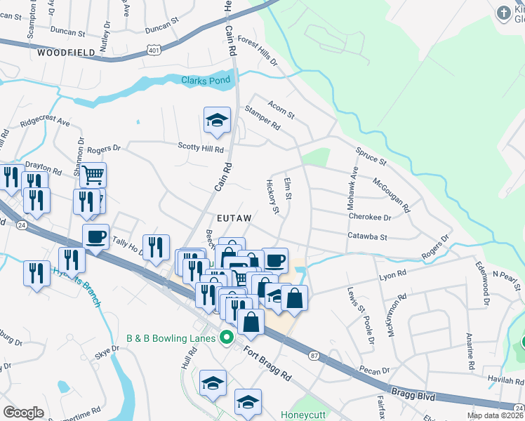 map of restaurants, bars, coffee shops, grocery stores, and more near 1006 Laurel Street in Fayetteville