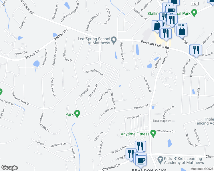 map of restaurants, bars, coffee shops, grocery stores, and more near 1049 Woodglen Lane in Matthews