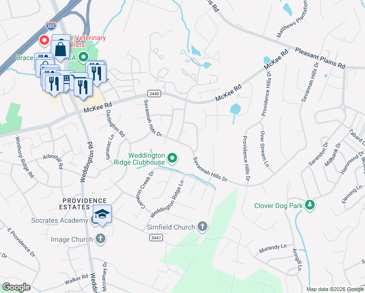 map of restaurants, bars, coffee shops, grocery stores, and more near 2212 Savannah Hills Drive in Matthews