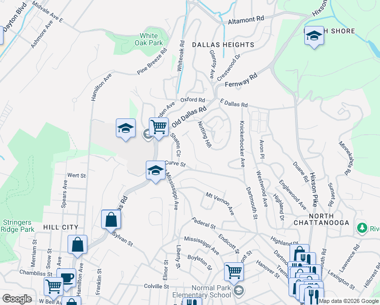map of restaurants, bars, coffee shops, grocery stores, and more near 1355 Carrington Way in Chattanooga