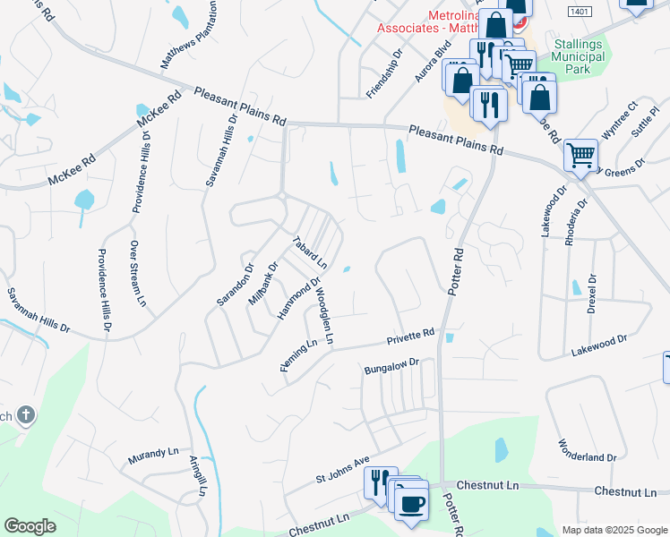 map of restaurants, bars, coffee shops, grocery stores, and more near 1153 Hammond Drive in Matthews