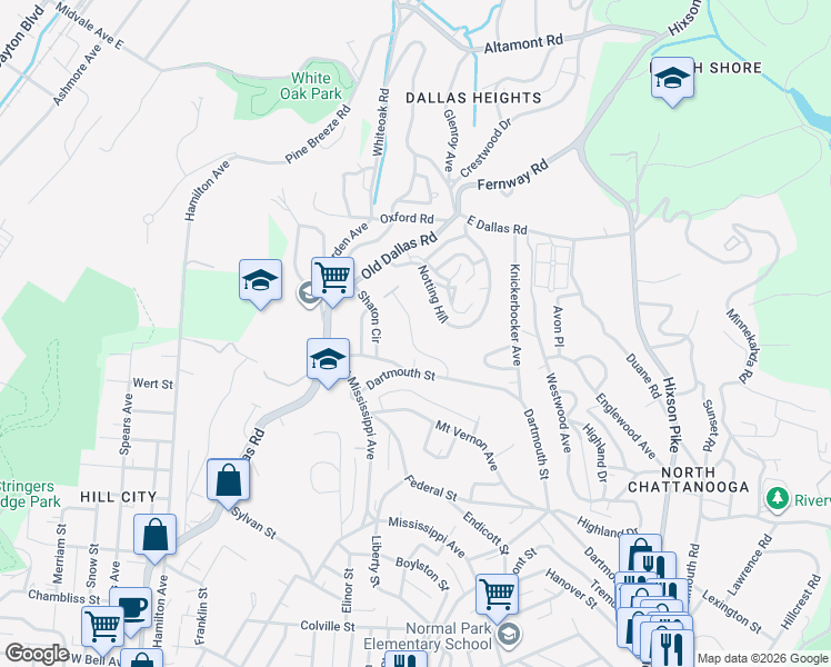 map of restaurants, bars, coffee shops, grocery stores, and more near 1354 Carrington Way in Chattanooga