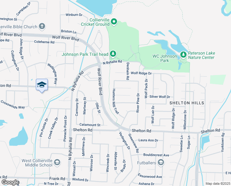 map of restaurants, bars, coffee shops, grocery stores, and more near 521 Hunters Mill Cove in Collierville