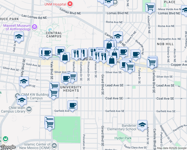 map of restaurants, bars, coffee shops, grocery stores, and more near 205 Vassar Drive Southeast in Albuquerque