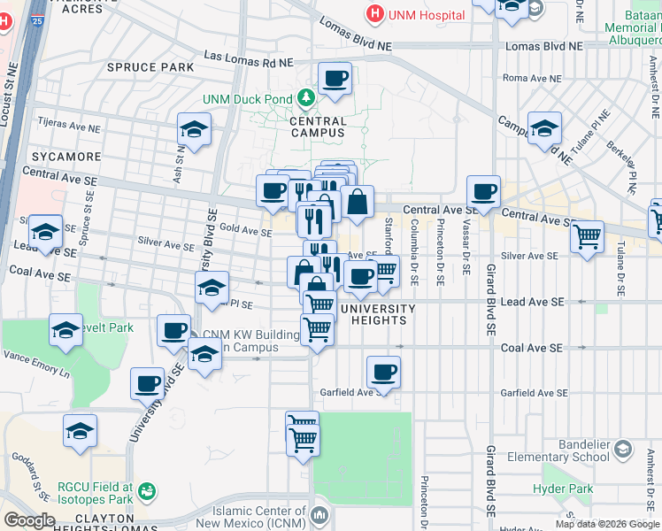 map of restaurants, bars, coffee shops, grocery stores, and more near 2210 Silver Avenue Southeast in Albuquerque
