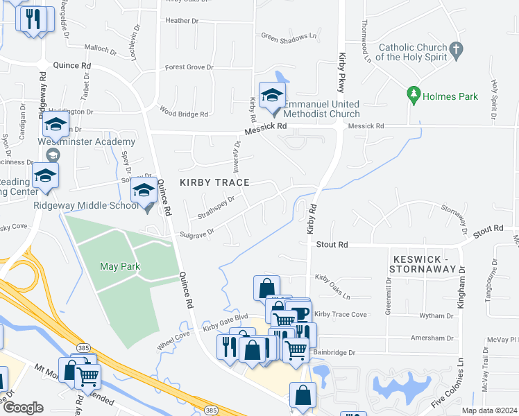 map of restaurants, bars, coffee shops, grocery stores, and more near 6529 Sulgrave Drive in Memphis