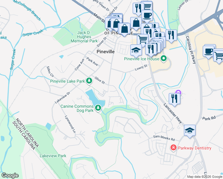 map of restaurants, bars, coffee shops, grocery stores, and more near 944 Sparrows Nest Lane in Pineville