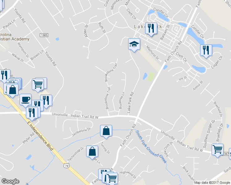map of restaurants, bars, coffee shops, grocery stores, and more near 3327 Hard Rock Court in Indian Trail
