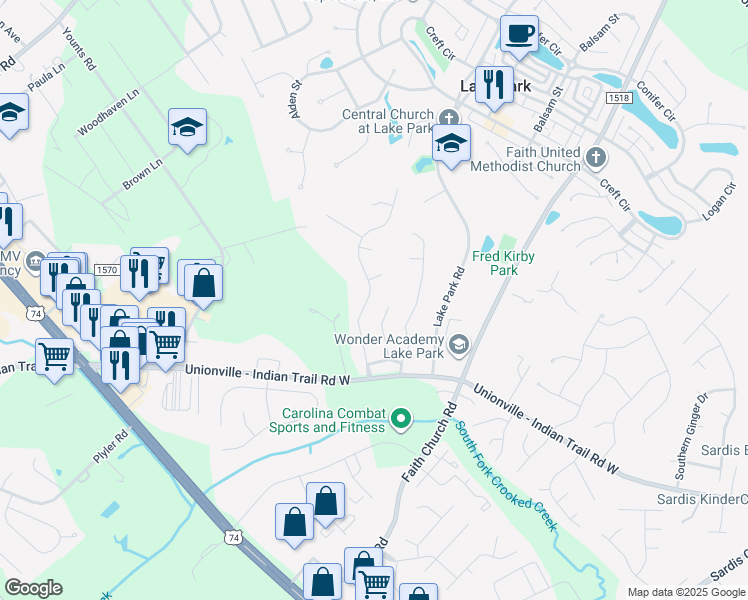 map of restaurants, bars, coffee shops, grocery stores, and more near 3412 Brookstone Trail in Indian Trail