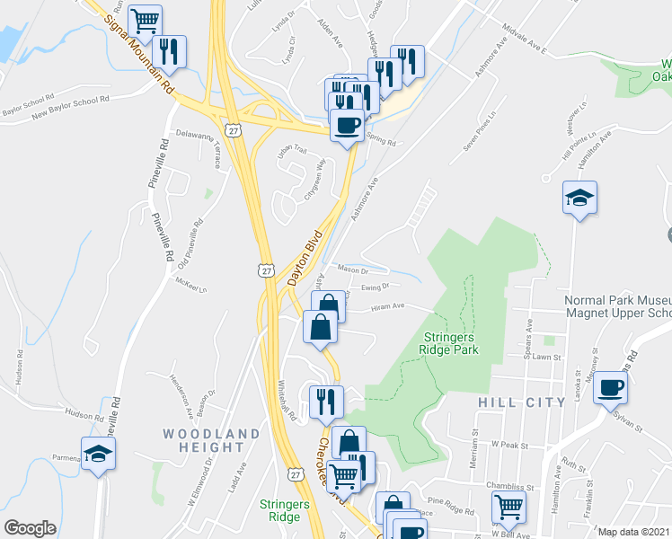 map of restaurants, bars, coffee shops, grocery stores, and more near 2 Mason Dr in Chattanooga