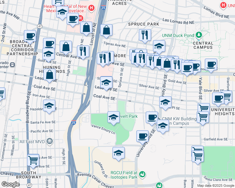 map of restaurants, bars, coffee shops, grocery stores, and more near 1212 Lead Avenue Southeast in Albuquerque