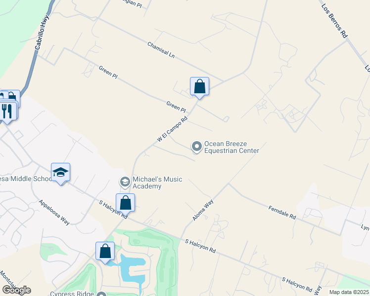 map of restaurants, bars, coffee shops, grocery stores, and more near 425 West El Campo Road in Arroyo Grande