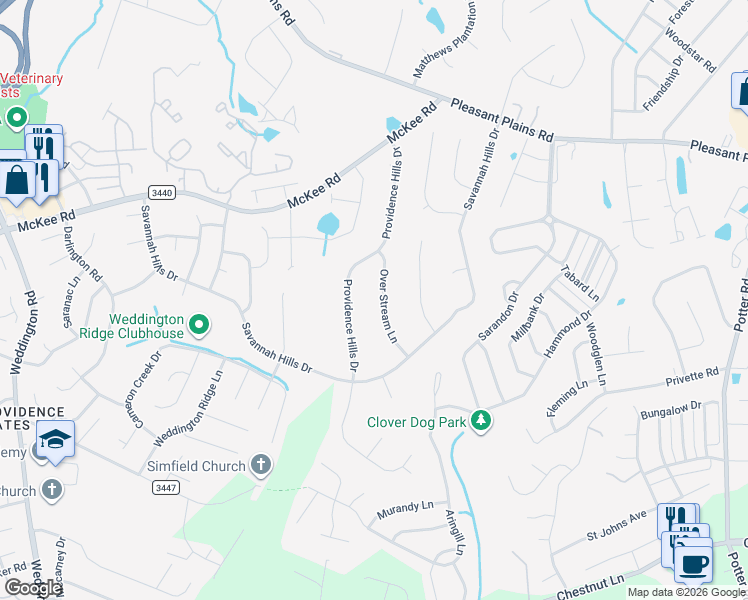map of restaurants, bars, coffee shops, grocery stores, and more near 2900 Providence Hills Drive in Matthews