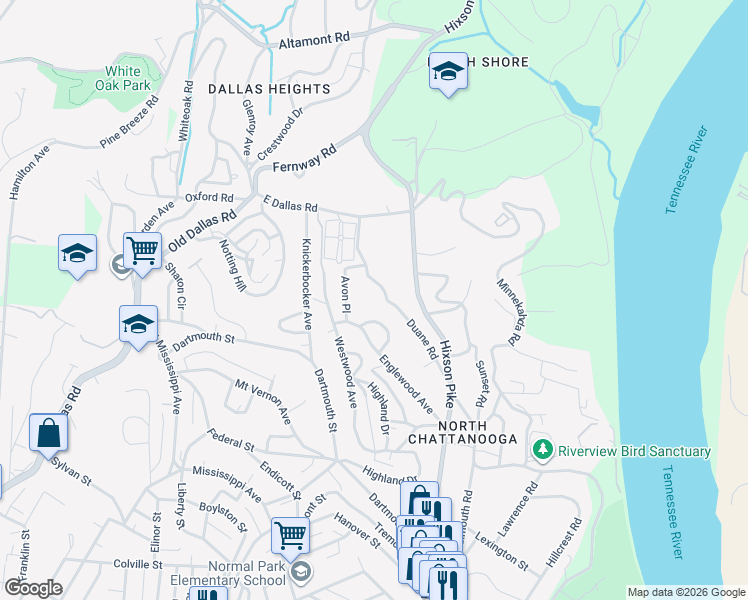 map of restaurants, bars, coffee shops, grocery stores, and more near 1242 Duane Road in Chattanooga