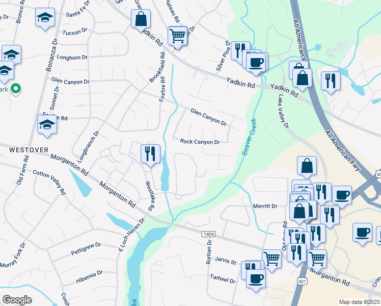 map of restaurants, bars, coffee shops, grocery stores, and more near 259 Waterdown Drive in Fayetteville