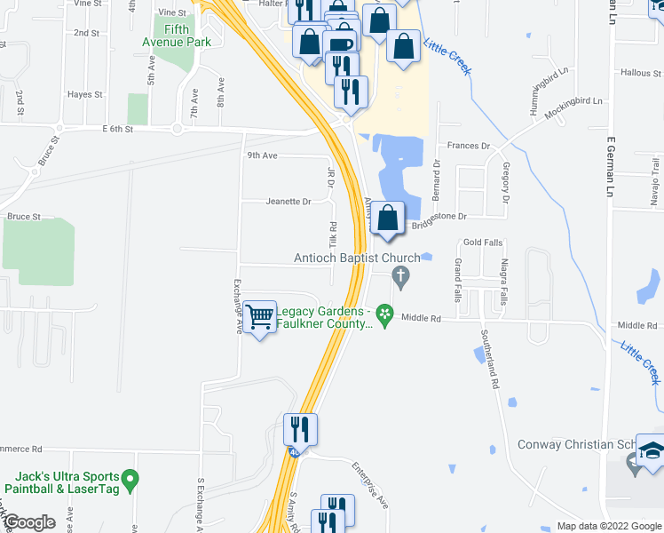 map of restaurants, bars, coffee shops, grocery stores, and more near 216 Jacksonville Road in Conway
