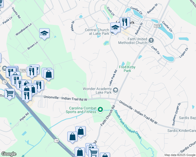 map of restaurants, bars, coffee shops, grocery stores, and more near 3327 Hard Rock Court in Indian Trail