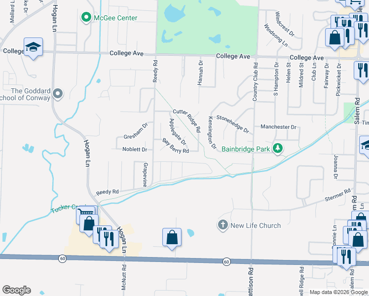 map of restaurants, bars, coffee shops, grocery stores, and more near 3500 Bay Berry Road in Conway