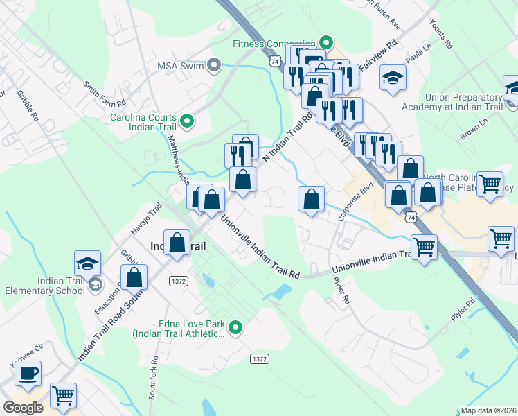 map of restaurants, bars, coffee shops, grocery stores, and more near 332 Glenridge Court in Indian Trail