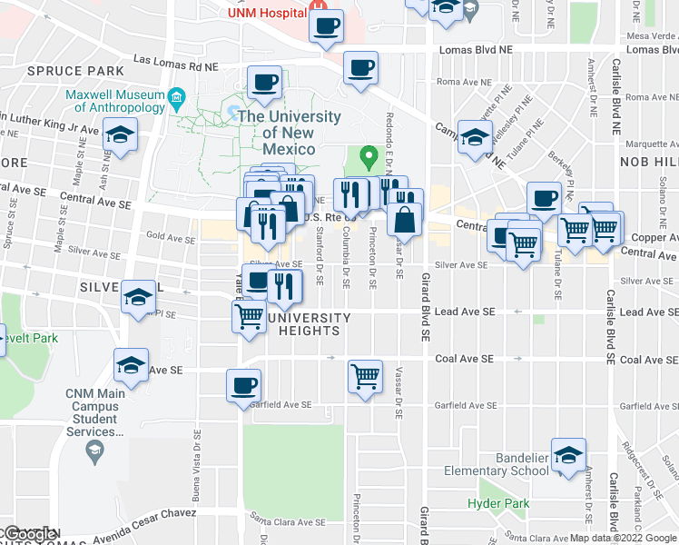 map of restaurants, bars, coffee shops, grocery stores, and more near 201 Columbia Drive Southeast in Albuquerque