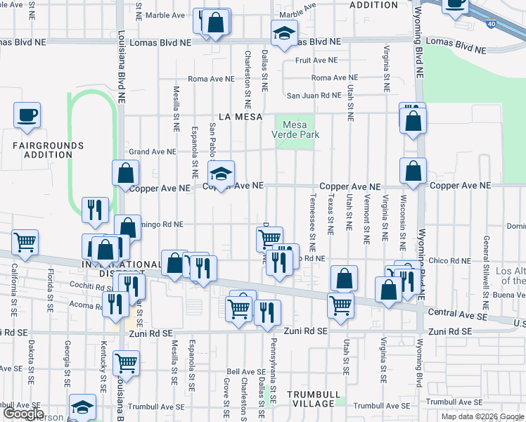 map of restaurants, bars, coffee shops, grocery stores, and more near 321 Dallas Street Northeast in Albuquerque