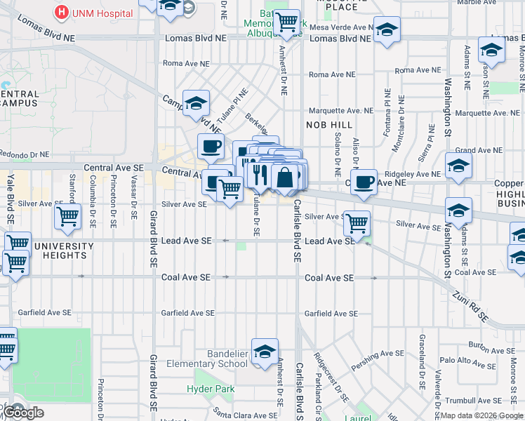 map of restaurants, bars, coffee shops, grocery stores, and more near 202 Tulane Drive Southeast in Albuquerque