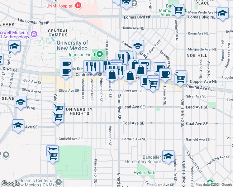 map of restaurants, bars, coffee shops, grocery stores, and more near 2810 Silver Avenue Southeast in Albuquerque