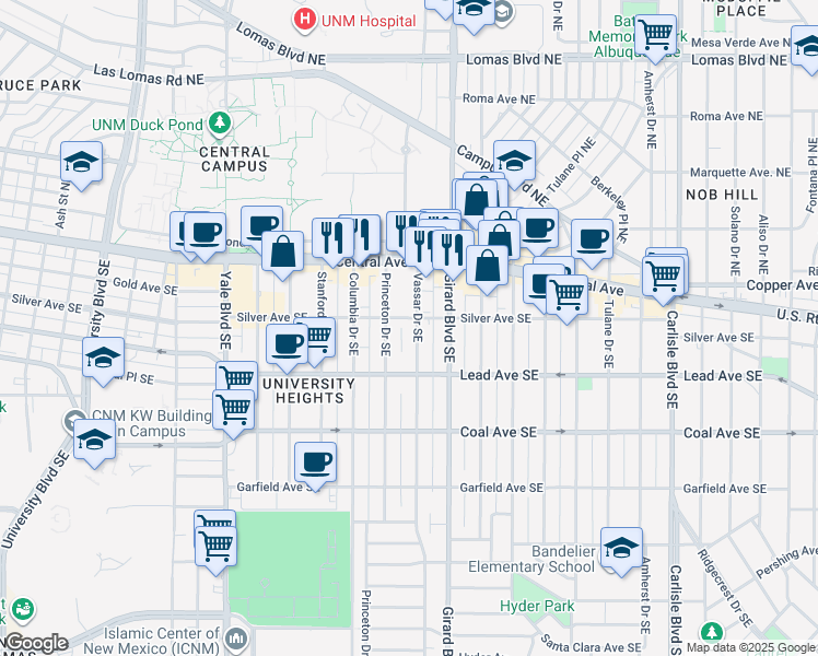 map of restaurants, bars, coffee shops, grocery stores, and more near 200 Princeton Drive Southeast in Albuquerque