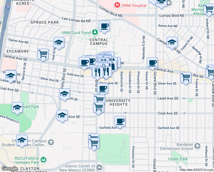 map of restaurants, bars, coffee shops, grocery stores, and more near 2312 Silver Avenue Southeast in Albuquerque