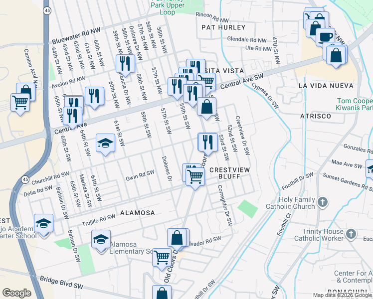 map of restaurants, bars, coffee shops, grocery stores, and more near 303 55th Street Southwest in Albuquerque