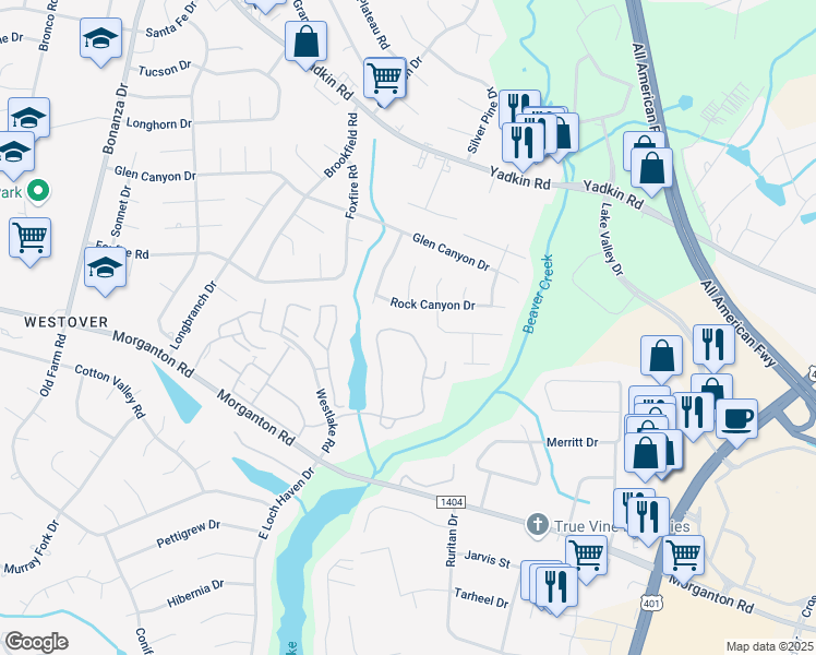 map of restaurants, bars, coffee shops, grocery stores, and more near 259 Waterdown Drive in Fayetteville