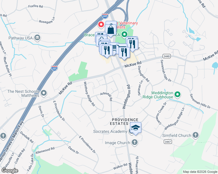 map of restaurants, bars, coffee shops, grocery stores, and more near 2011 Chinabrook Court in Charlotte
