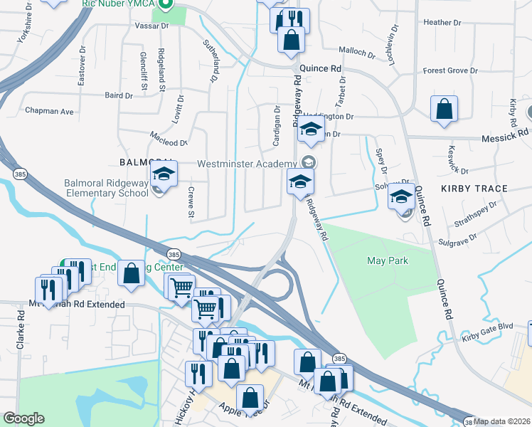 map of restaurants, bars, coffee shops, grocery stores, and more near 6101 Southampton Drive in Memphis